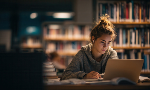 Frau schreibt ihre Hausarbeit in der Bibliothek